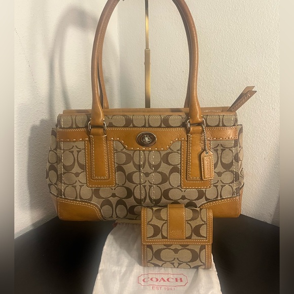 Coach Handbags - Coach Brown and Tan Signature Jacquard Satchel and Matching Wallet
